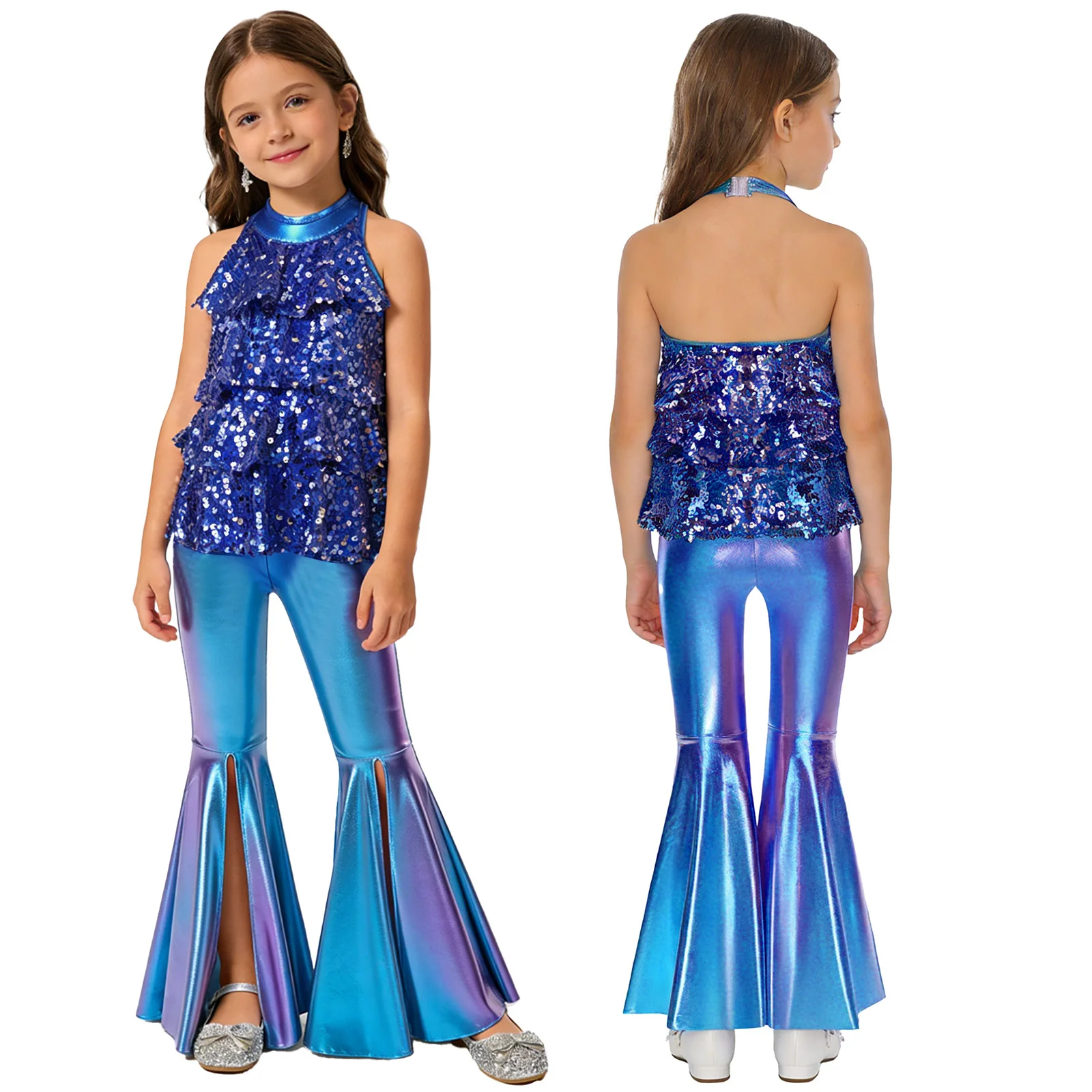 Kids Girls Shiny Jazz Dance Costume Halter Sequin Bodysuit Dress Metallic Flared Pants 70s Disco Latin Performance Dancewear