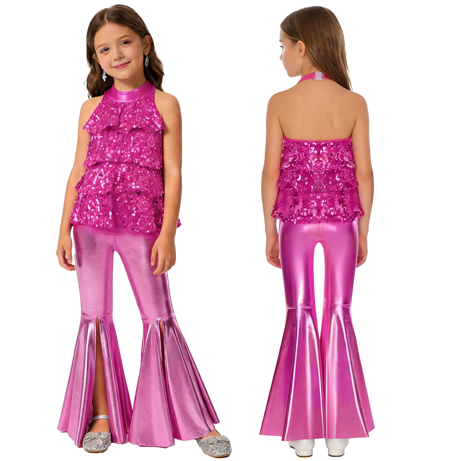 Kids Girls Shiny Jazz Dance Costume Halter Sequin Bodysuit Dress Metallic Flared Pants 70s Disco Latin Performance Dancewear