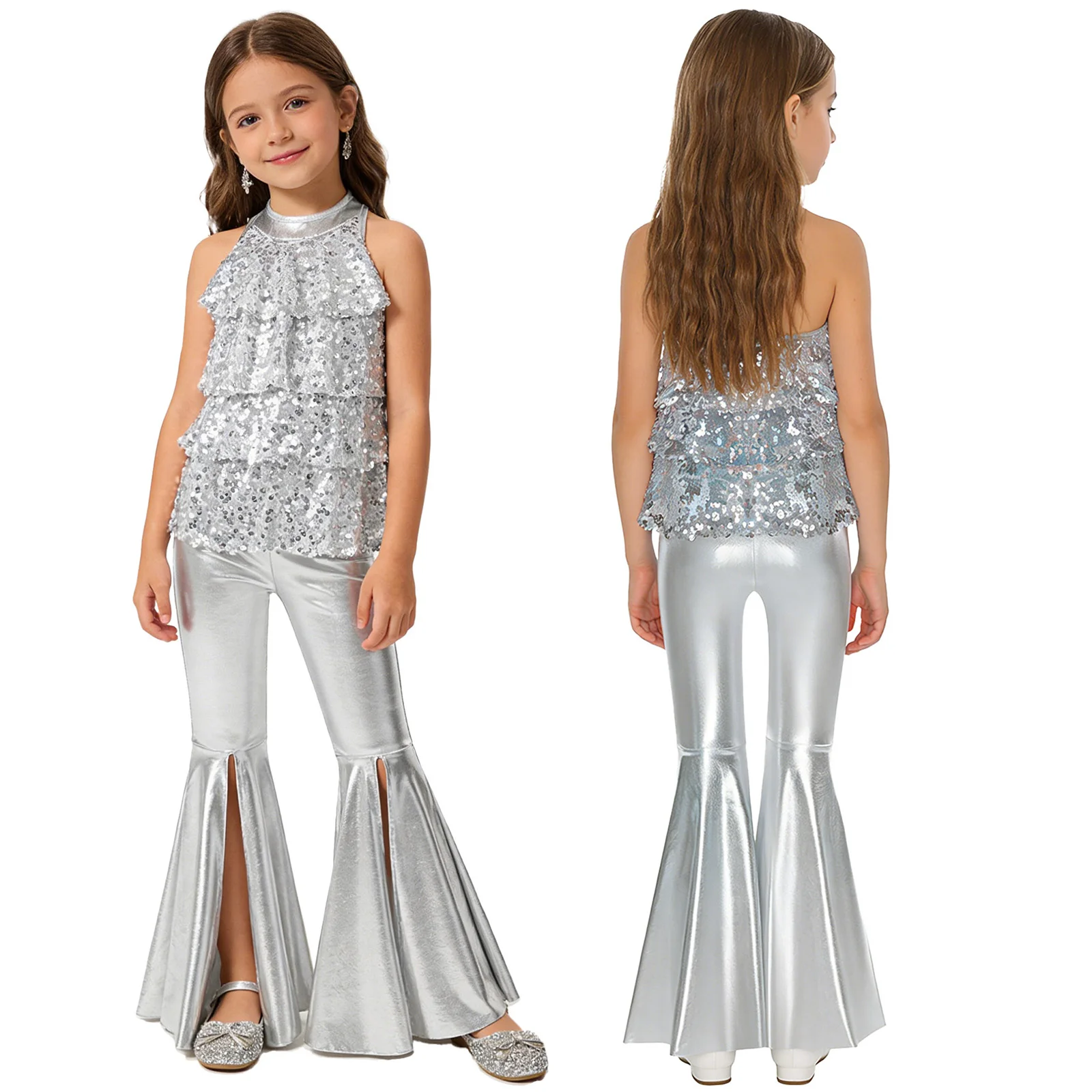 Kids Girls Shiny Jazz Dance Costume Halter Sequin Bodysuit Dress Metallic Flared Pants 70s Disco Latin Performance Dancewear