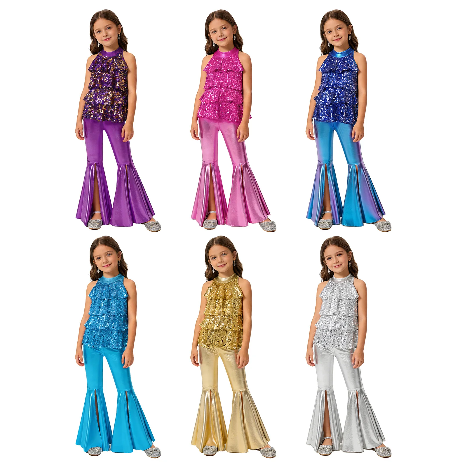Kids Girls Shiny Jazz Dance Costume Halter Sequin Bodysuit Dress Metallic Flared Pants 70s Disco Latin Performance Dancewear