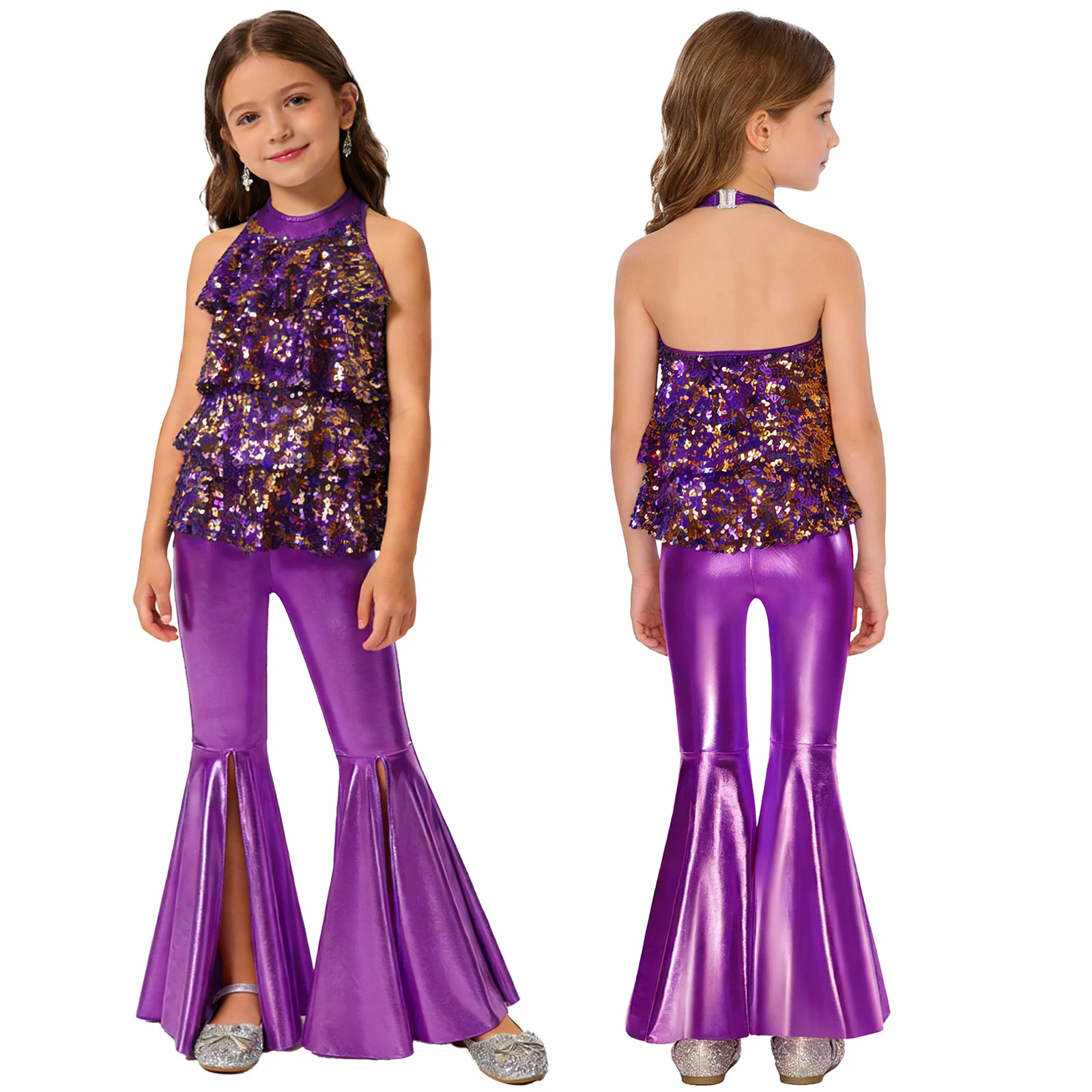 Kids Girls Shiny Jazz Dance Costume Halter Sequin Bodysuit Dress Metallic Flared Pants 70s Disco Latin Performance Dancewear