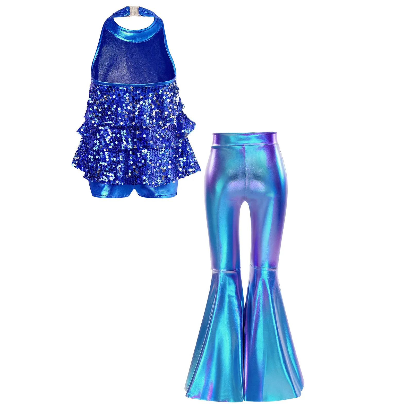Kids Girls Shiny Jazz Dance Costume Halter Sequin Bodysuit Dress Metallic Flared Pants 70s Disco Latin Performance Dancewear