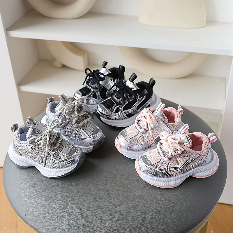 Girls' Sports Shoes 2026 New Style Soft Sole Children's Casual Shoes Fashionable Breathable Stripe Dad Shoes for Kids Boy