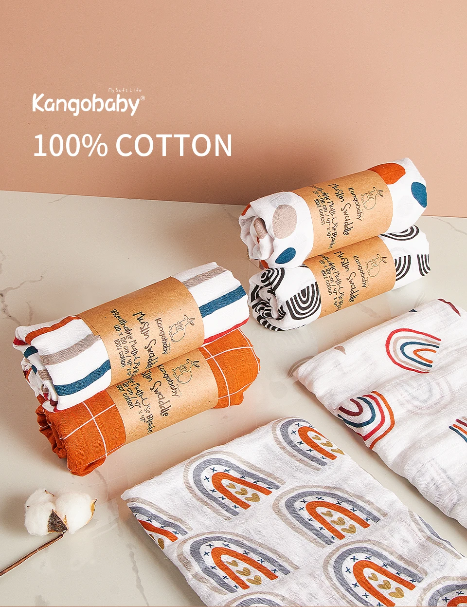 Kangobaby New Design 2pcs Set Double Layers 100% Cotton Newborn Baby Muslin Swaddle Blanket