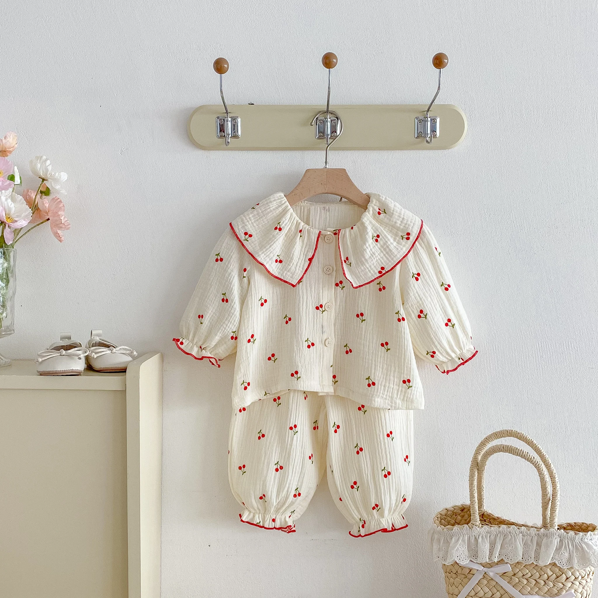 Little Cherry, A Full-Print Long-Sleeved Set With a Large Lapel, Sweet and Casual Long Pants