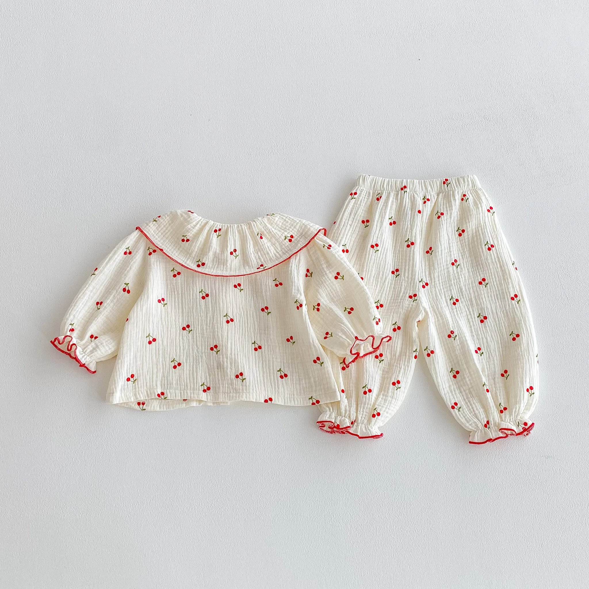 Little Cherry, A Full-Print Long-Sleeved Set With a Large Lapel, Sweet and Casual Long Pants