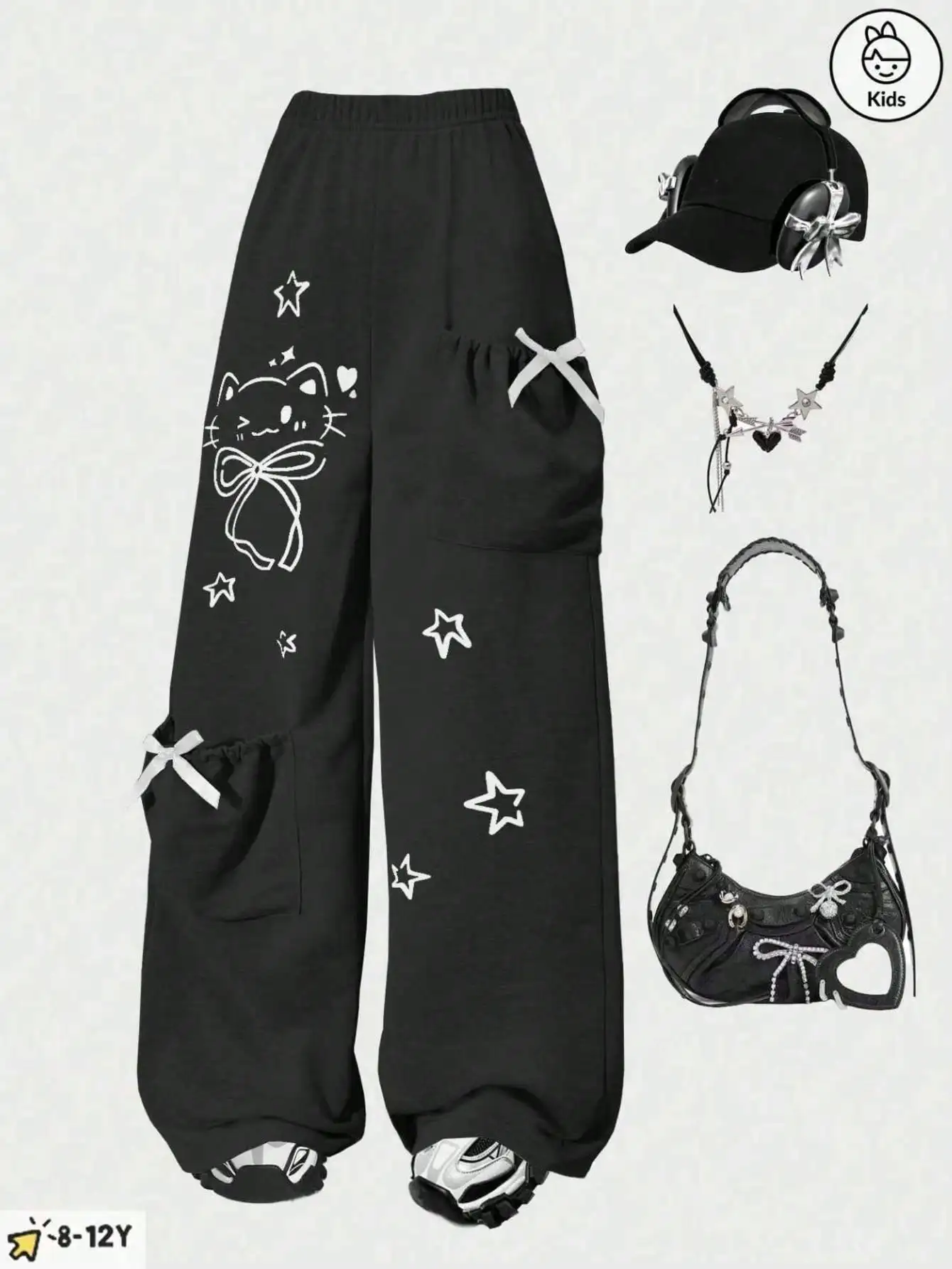Girls' fashion casual trousers, girls' spring, summer, autumn and winter loose straight-leg pants with a kitten pocket design