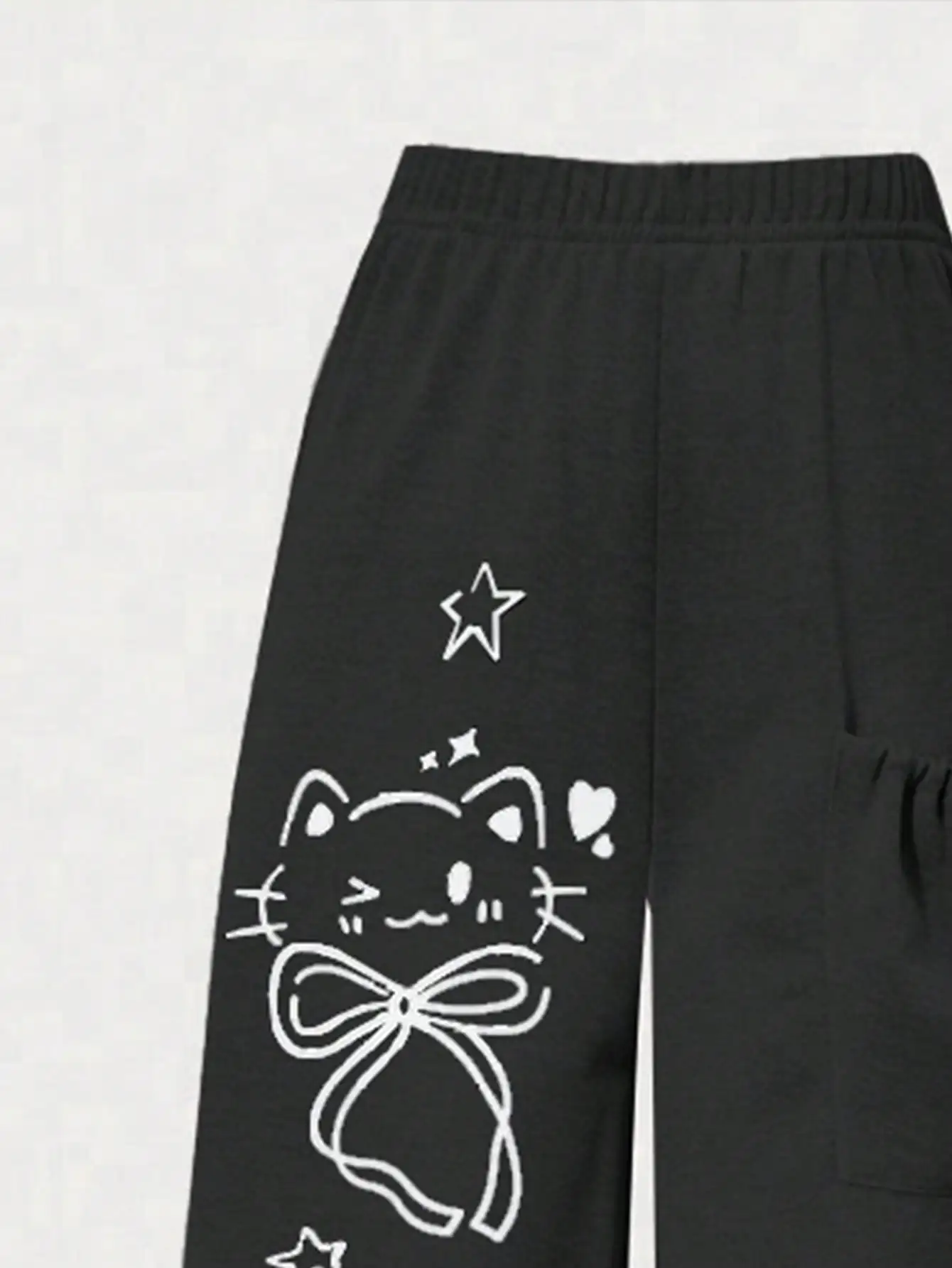 Girls' fashion casual trousers, girls' spring, summer, autumn and winter loose straight-leg pants with a kitten pocket design
