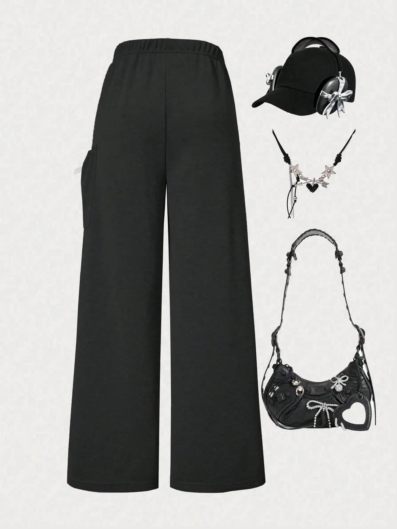 Girls' fashion casual trousers, girls' spring, summer, autumn and winter loose straight-leg pants with a kitten pocket design