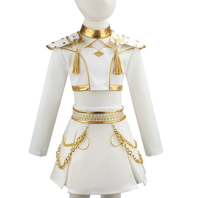 Girls White And Gold Cosplay Costume Set Shoulder Pads Chain Skirt For Halloween Birthday Party Role Play