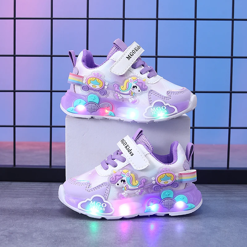 MGO Kidss Spring and Autumn New Girls' Shoes Glow Shoes Flashing Shoes rainbow Pony Daddy Shoes Children's Sports Shoes Girls so