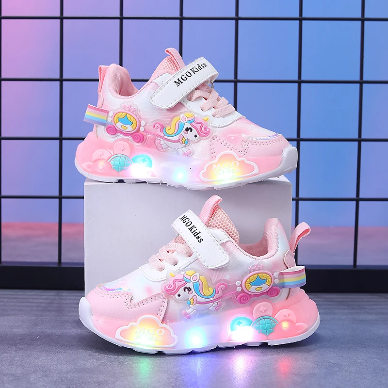 MGO Kidss Spring and Autumn New Girls' Shoes Glow Shoes Flashing Shoes rainbow Pony Daddy Shoes Children's Sports Shoes Girls so