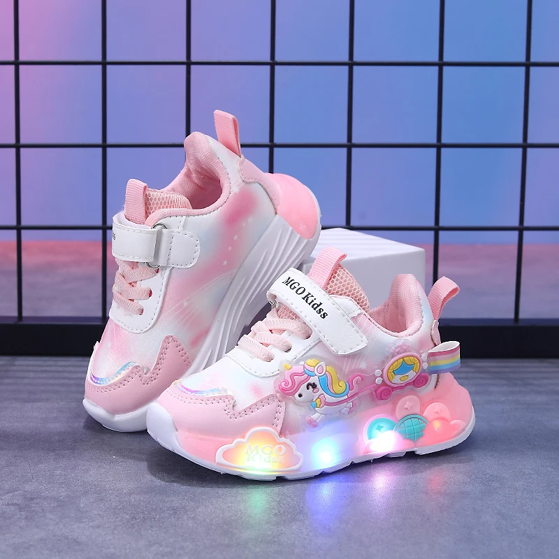 MGO Kidss Spring and Autumn New Girls' Shoes Glow Shoes Flashing Shoes rainbow Pony Daddy Shoes Children's Sports Shoes Girls so