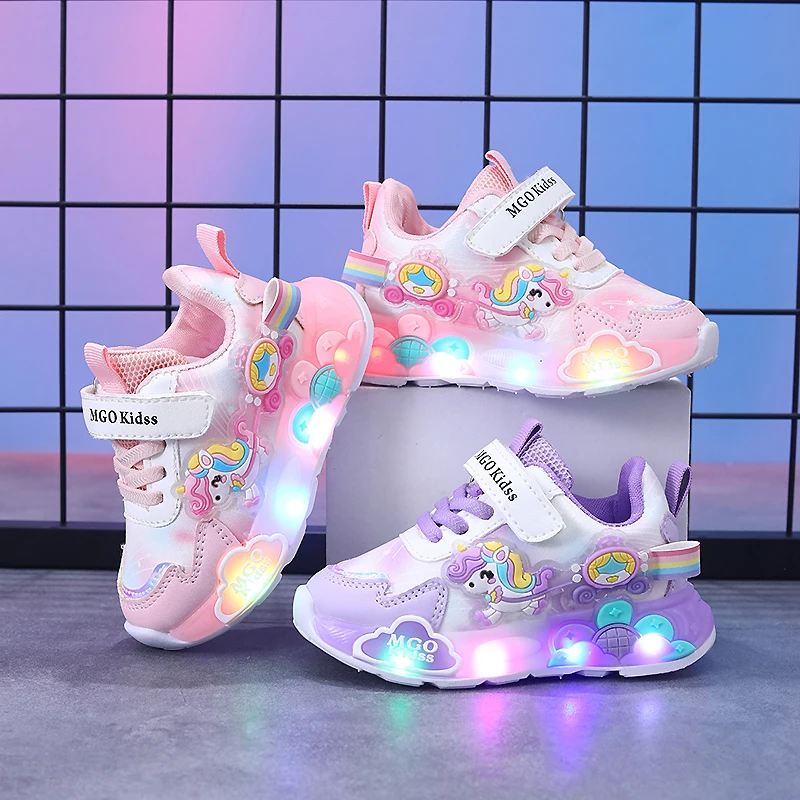 MGO Kidss Spring and Autumn New Girls' Shoes Glow Shoes Flashing Shoes rainbow Pony Daddy Shoes Children's Sports Shoes Girls so