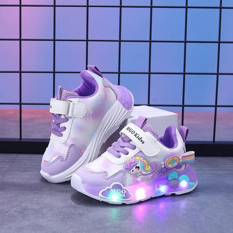 MGO Kidss Spring and Autumn New Girls' Shoes Glow Shoes Flashing Shoes rainbow Pony Daddy Shoes Children's Sports Shoes Girls so