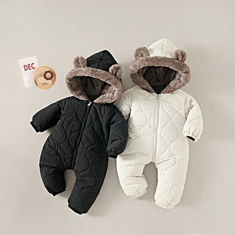 0-3 Years Baby Onesies Autumn and Winter Fleece Warm Cotton Clothes Newborn Clothes Baby Solid Color Hooded Crawling Suit Baby