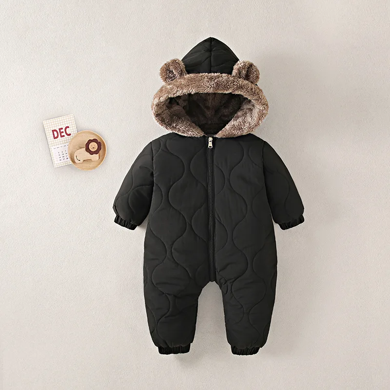 0-3 Years Baby Onesies Autumn and Winter Fleece Warm Cotton Clothes Newborn Clothes Baby Solid Color Hooded Crawling Suit Baby