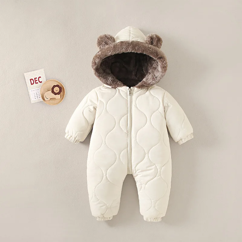 0-3 Years Baby Onesies Autumn and Winter Fleece Warm Cotton Clothes Newborn Clothes Baby Solid Color Hooded Crawling Suit Baby