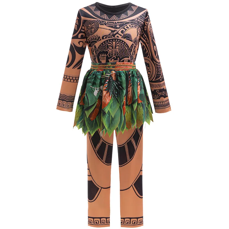 Moana Adult Children Demi God Maui Tattoo Costume Set Halloween Carnival Cosplay TattooTops Pants Outfit For Boys Men Summer