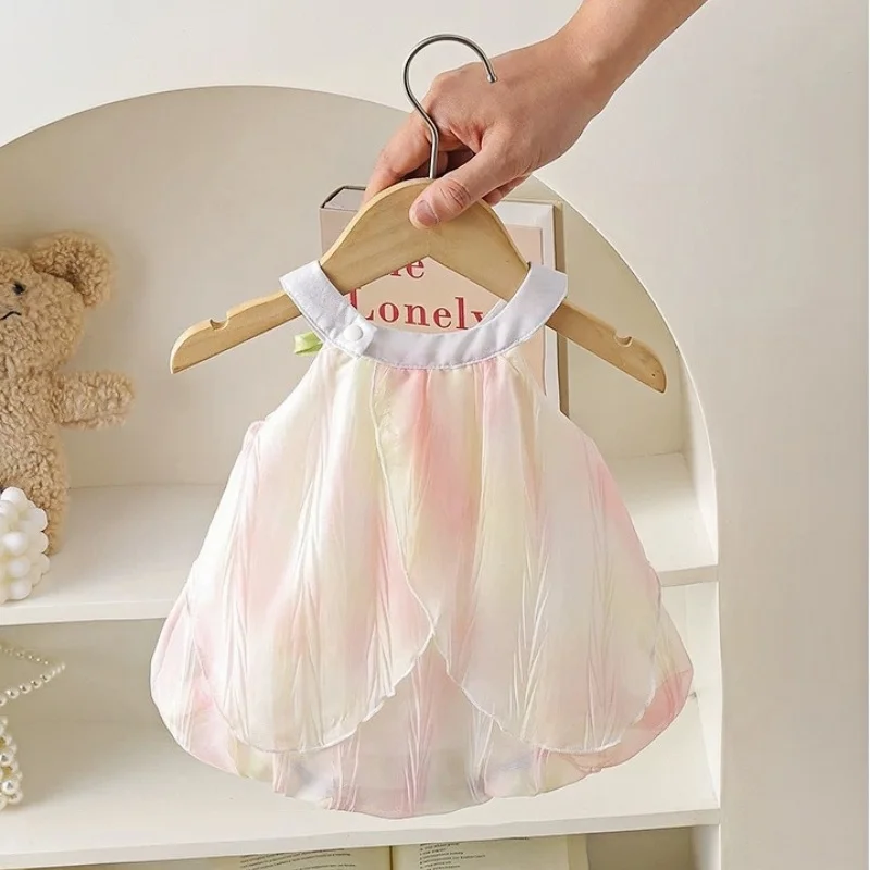 Adorable 0-24M Baby Girls Tulip Decor Bodysuit Summer Halter Sling Princess Romper Dress Soft Breathable Newborn Girls Onesie