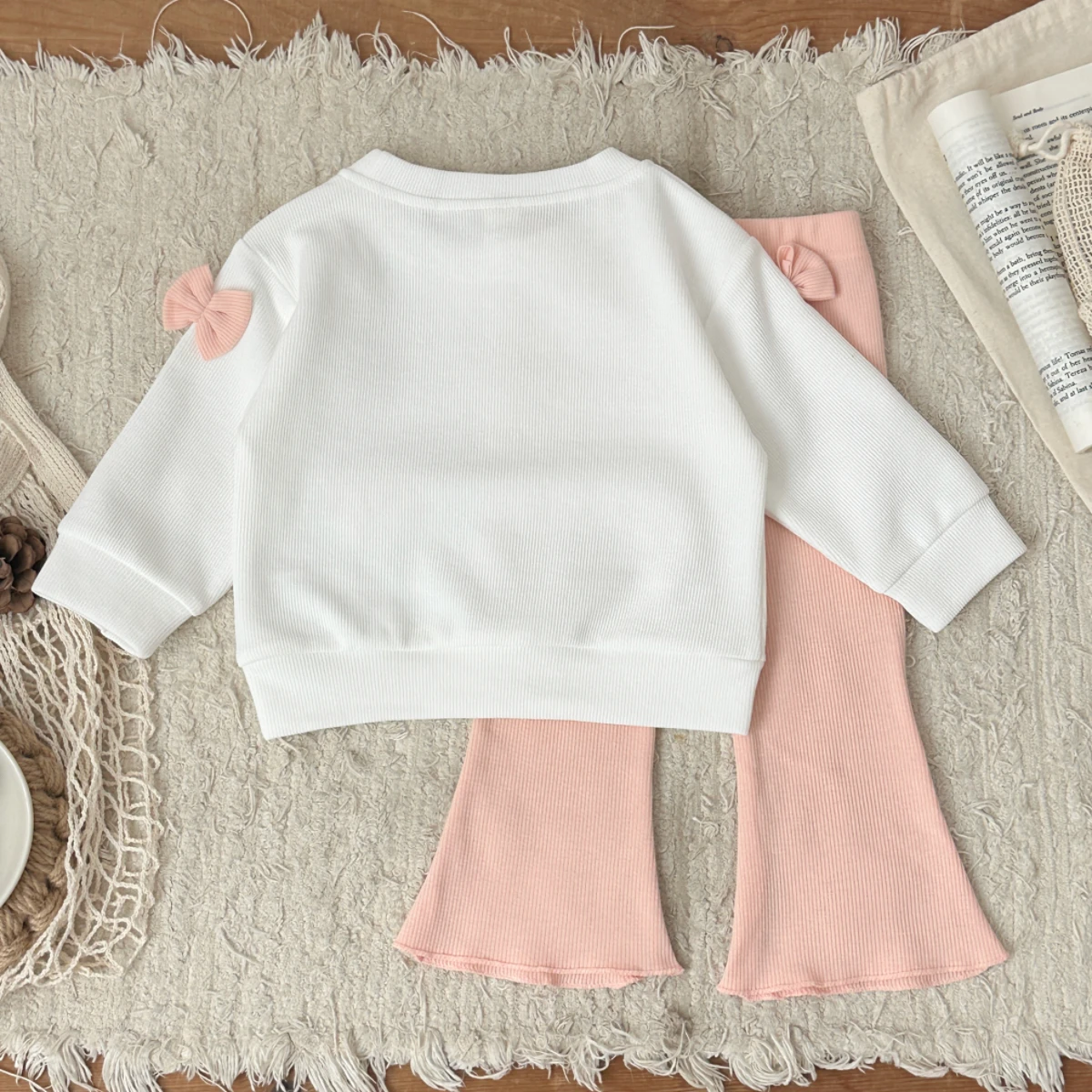 Autumn Toddler Baby Girls Outfit Bowknot Decor Long Sleeve Sweatshirt Pink Flare Pants Spring Clothes Baby Newborn Items