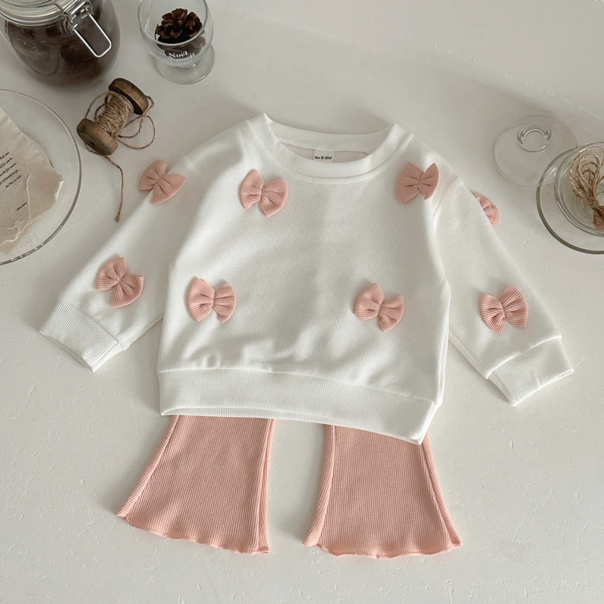 Autumn Toddler Baby Girls Outfit Bowknot Decor Long Sleeve Sweatshirt Pink Flare Pants Spring Clothes Baby Newborn Items