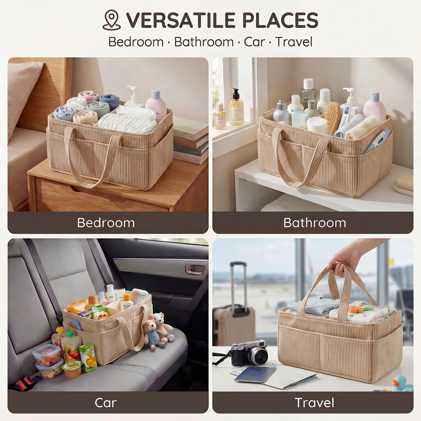 Portable Baby Diaper Caddy Organizer Soft Corduroy Storage Basket with Handle Foldable Multi-pocket Newborn Nappy Toy Organizer