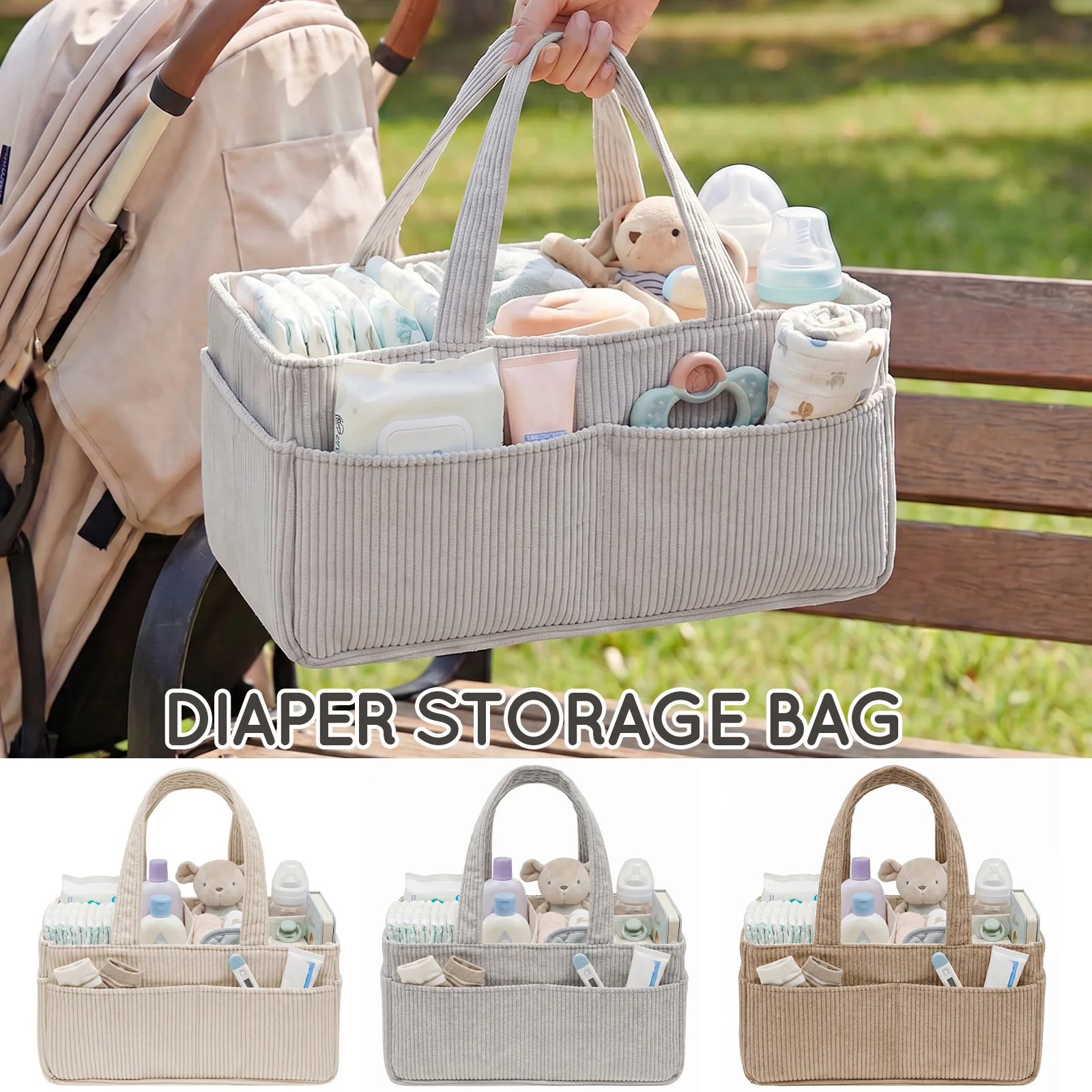 Portable Baby Diaper Caddy Organizer Soft Corduroy Storage Basket with Handle Foldable Multi-pocket Newborn Nappy Toy Organizer