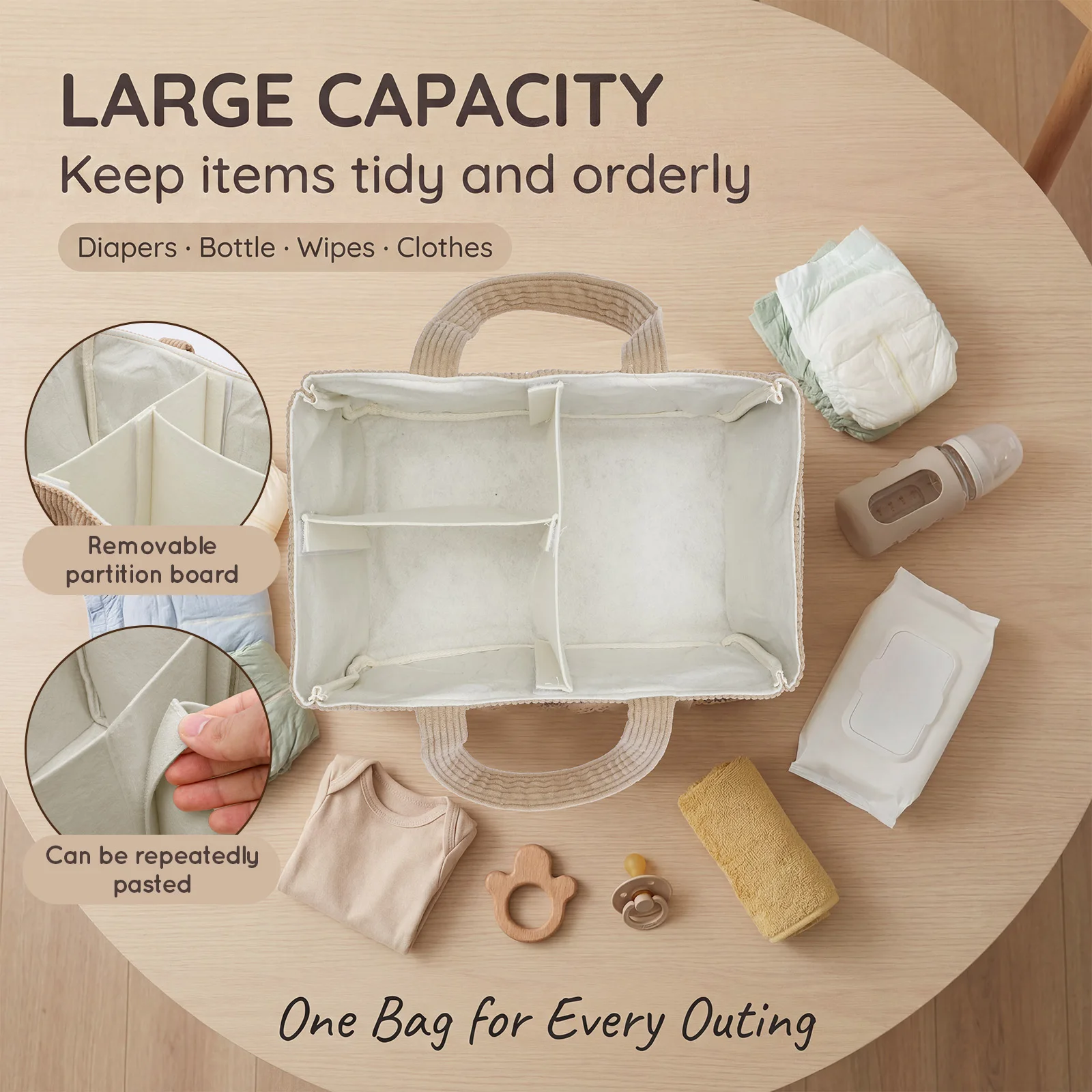 Portable Baby Diaper Caddy Organizer Soft Corduroy Storage Basket with Handle Foldable Multi-pocket Newborn Nappy Toy Organizer
