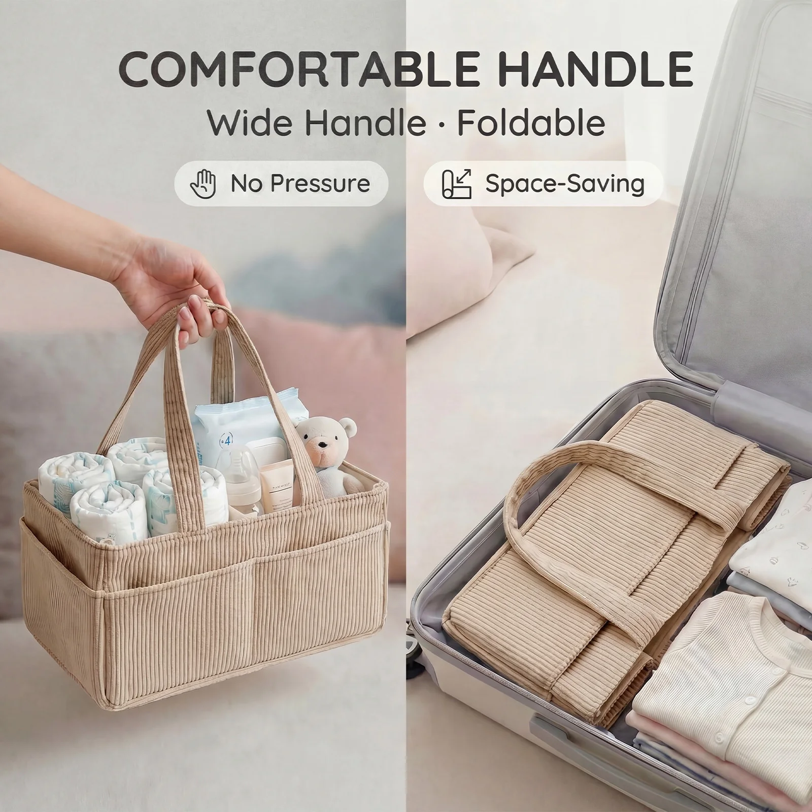 Portable Baby Diaper Caddy Organizer Soft Corduroy Storage Basket with Handle Foldable Multi-pocket Newborn Nappy Toy Organizer