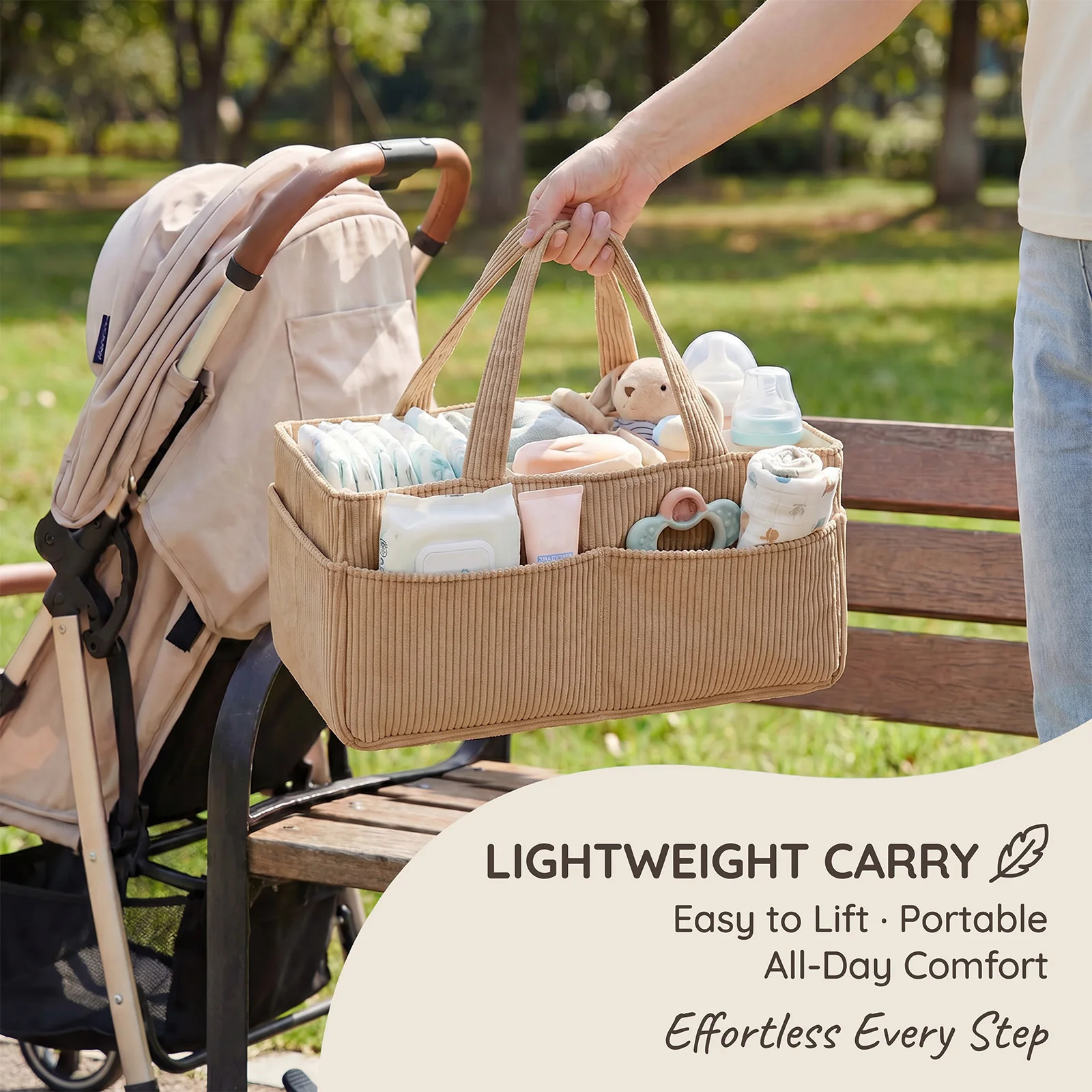 Portable Baby Diaper Caddy Organizer Soft Corduroy Storage Basket with Handle Foldable Multi-pocket Newborn Nappy Toy Organizer