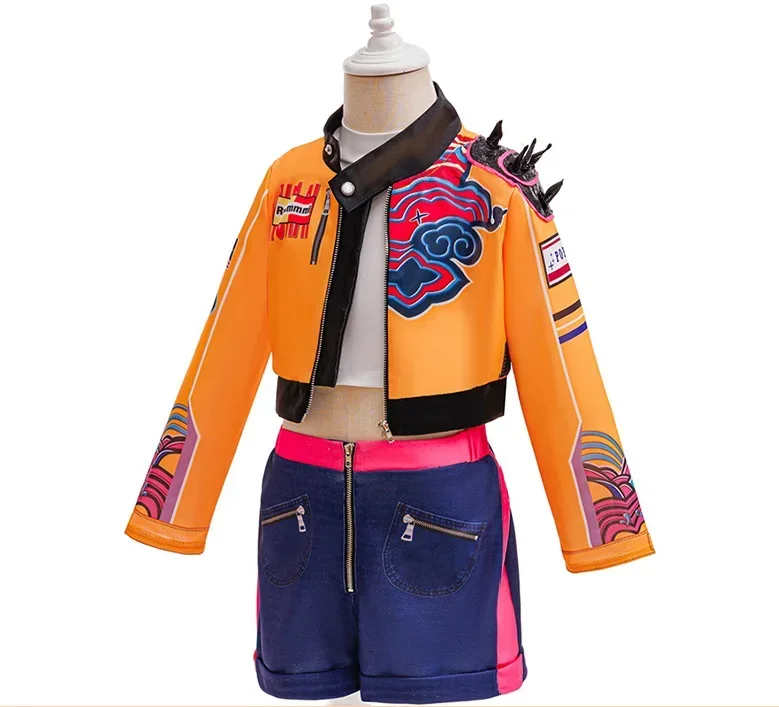Girls Street Style Cosplay Set Cropped Jacket Denim Shorts Kids Outfit for Halloween Carnival Birthday Theme Party Dress-Up