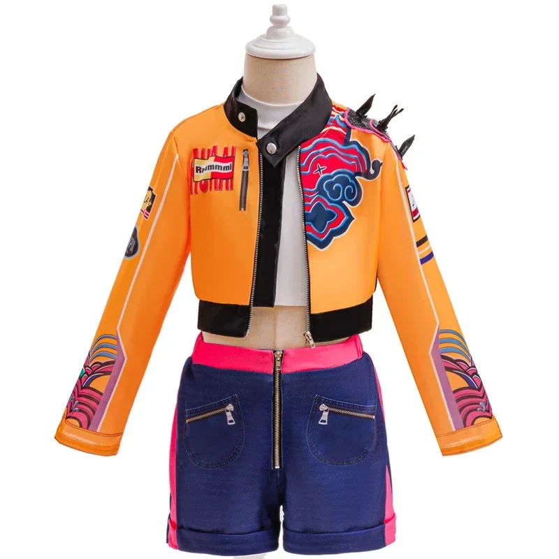 Girls Street Style Cosplay Set Cropped Jacket Denim Shorts Kids Outfit for Halloween Carnival Birthday Theme Party Dress-Up