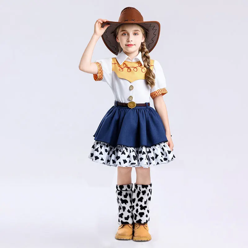 2026 Cool Girl Western Cowgirl Suit Double Layer Cow Print Skirt With Leg Warmers Kid Toy Party Movie Costume Fancy Jessie Dress