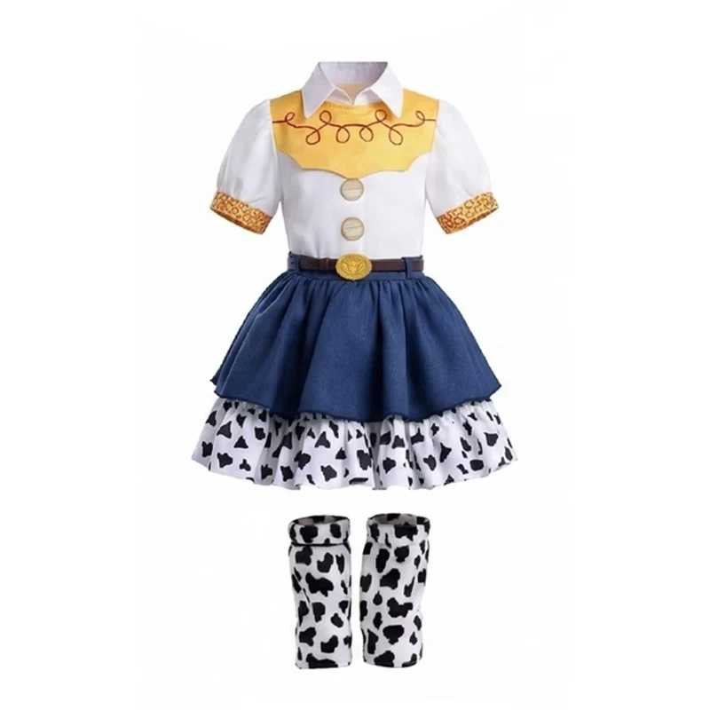 2026 Cool Girl Western Cowgirl Suit Double Layer Cow Print Skirt With Leg Warmers Kid Toy Party Movie Costume Fancy Jessie Dress
