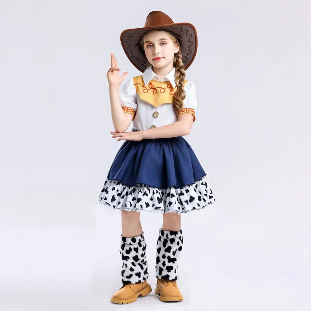 2026 Cool Girl Western Cowgirl Suit Double Layer Cow Print Skirt With Leg Warmers Kid Toy Party Movie Costume Fancy Jessie Dress