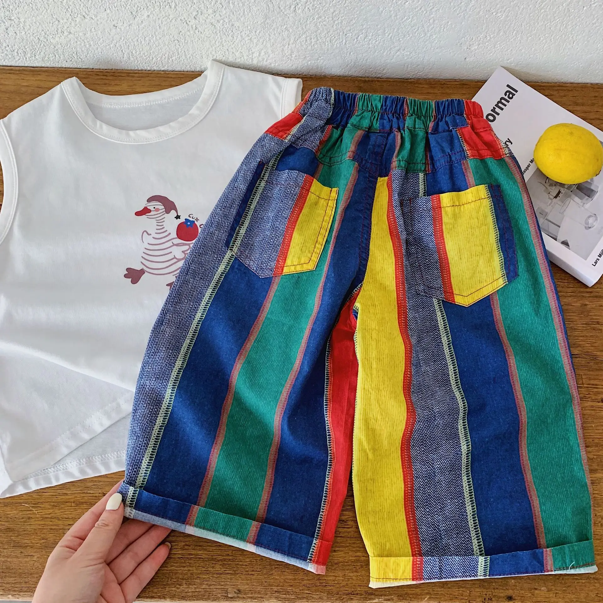 Summer Colorful Stripe Kids Pants Thin Loose Casual Boys Trousers Cotton Breathable Children Pants Streetwear for 1-8Y Boys