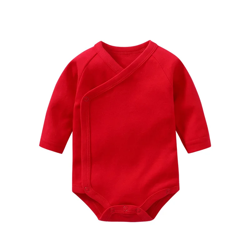 Newborn Baby Bodysuit 0 To 3 Months 100% Cotton Slanting Open Button Solid Color Long Sleeve Jumpsuits Baby Boy Girl Clothes