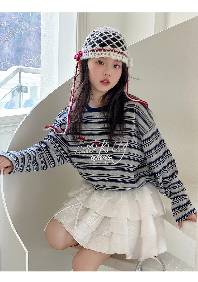 Girls' T-shirt Spring and Autumn Style Western Style Girls' Big Kids Striped Long Sleeve Loose Bottom Shirt Children's Super Bea