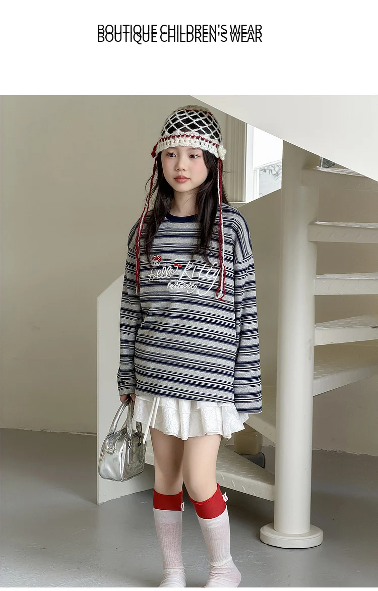 Girls' T-shirt Spring and Autumn Style Western Style Girls' Big Kids Striped Long Sleeve Loose Bottom Shirt Children's Super Bea