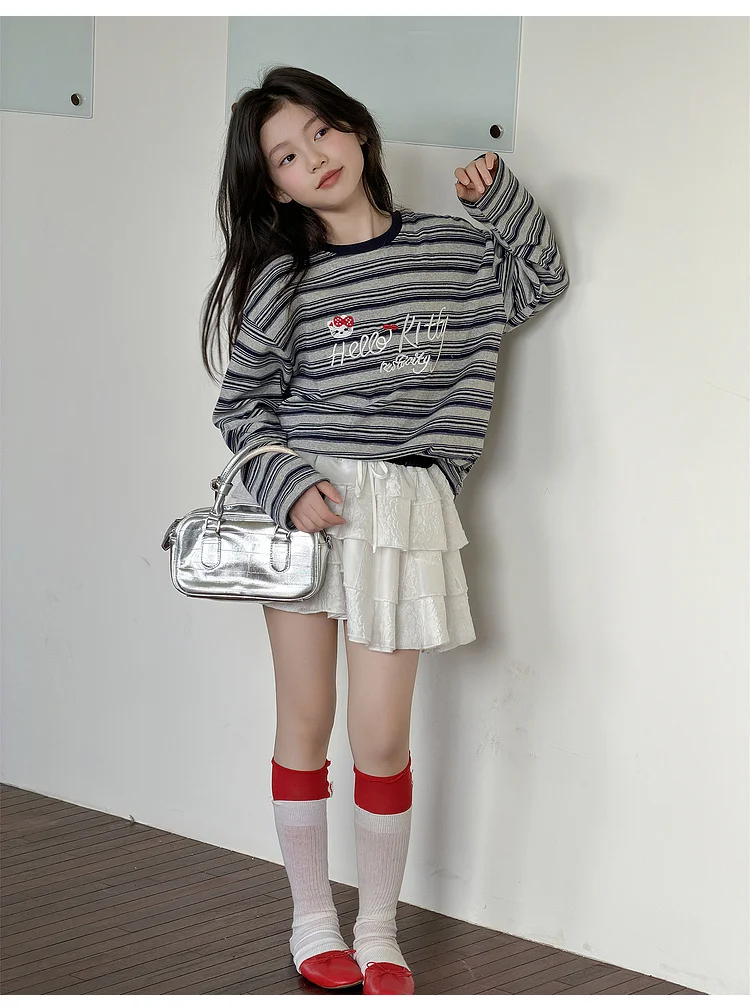Girls' T-shirt Spring and Autumn Style Western Style Girls' Big Kids Striped Long Sleeve Loose Bottom Shirt Children's Super Bea