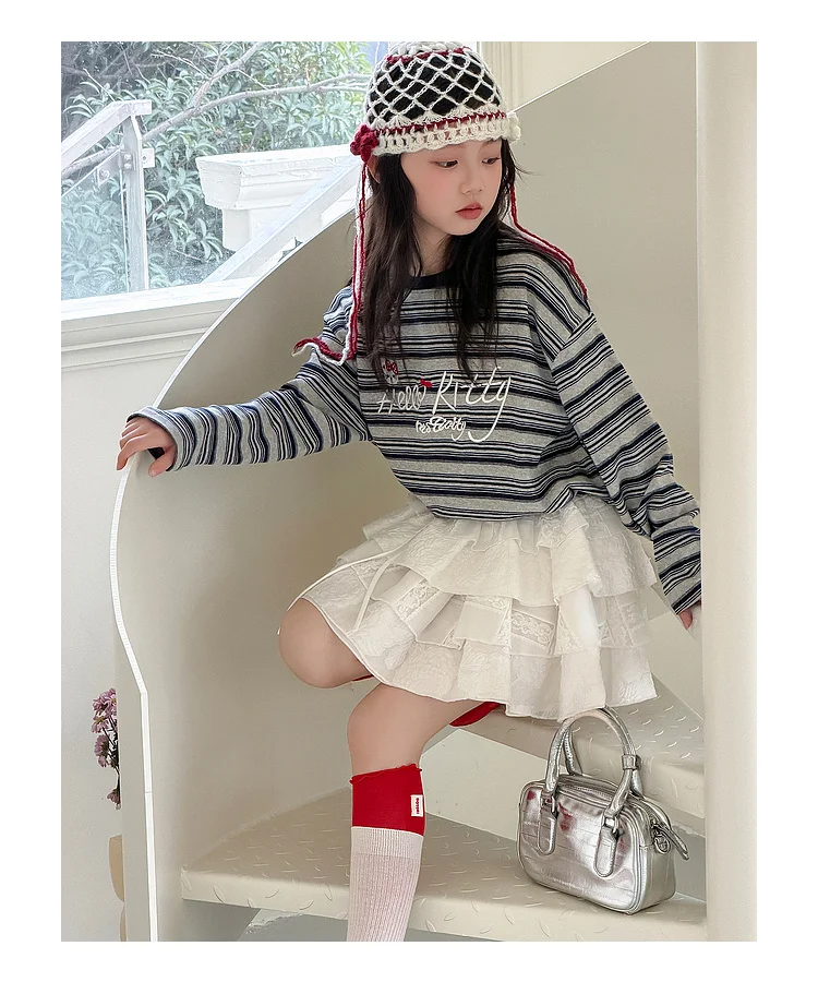 Girls' T-shirt Spring and Autumn Style Western Style Girls' Big Kids Striped Long Sleeve Loose Bottom Shirt Children's Super Bea