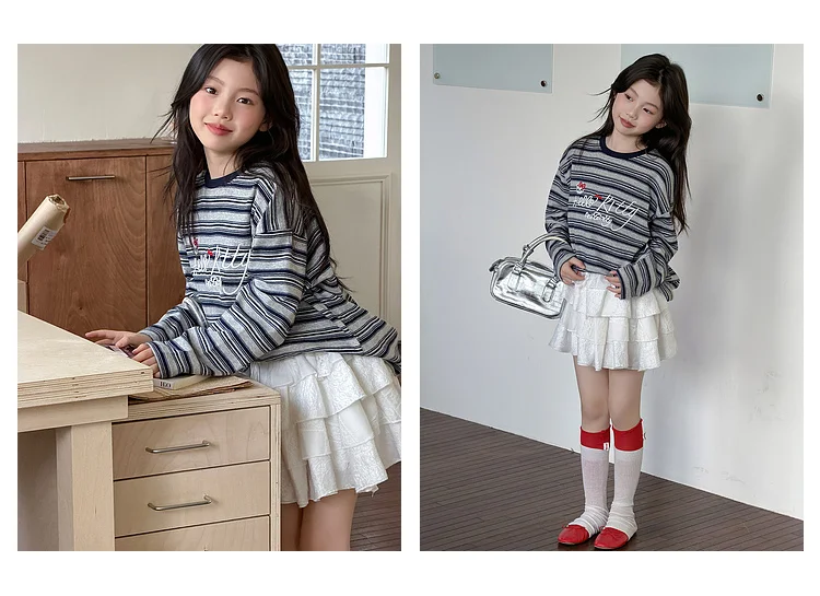 Girls' T-shirt Spring and Autumn Style Western Style Girls' Big Kids Striped Long Sleeve Loose Bottom Shirt Children's Super Bea