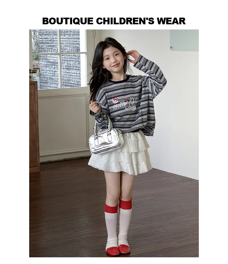Girls' T-shirt Spring and Autumn Style Western Style Girls' Big Kids Striped Long Sleeve Loose Bottom Shirt Children's Super Bea