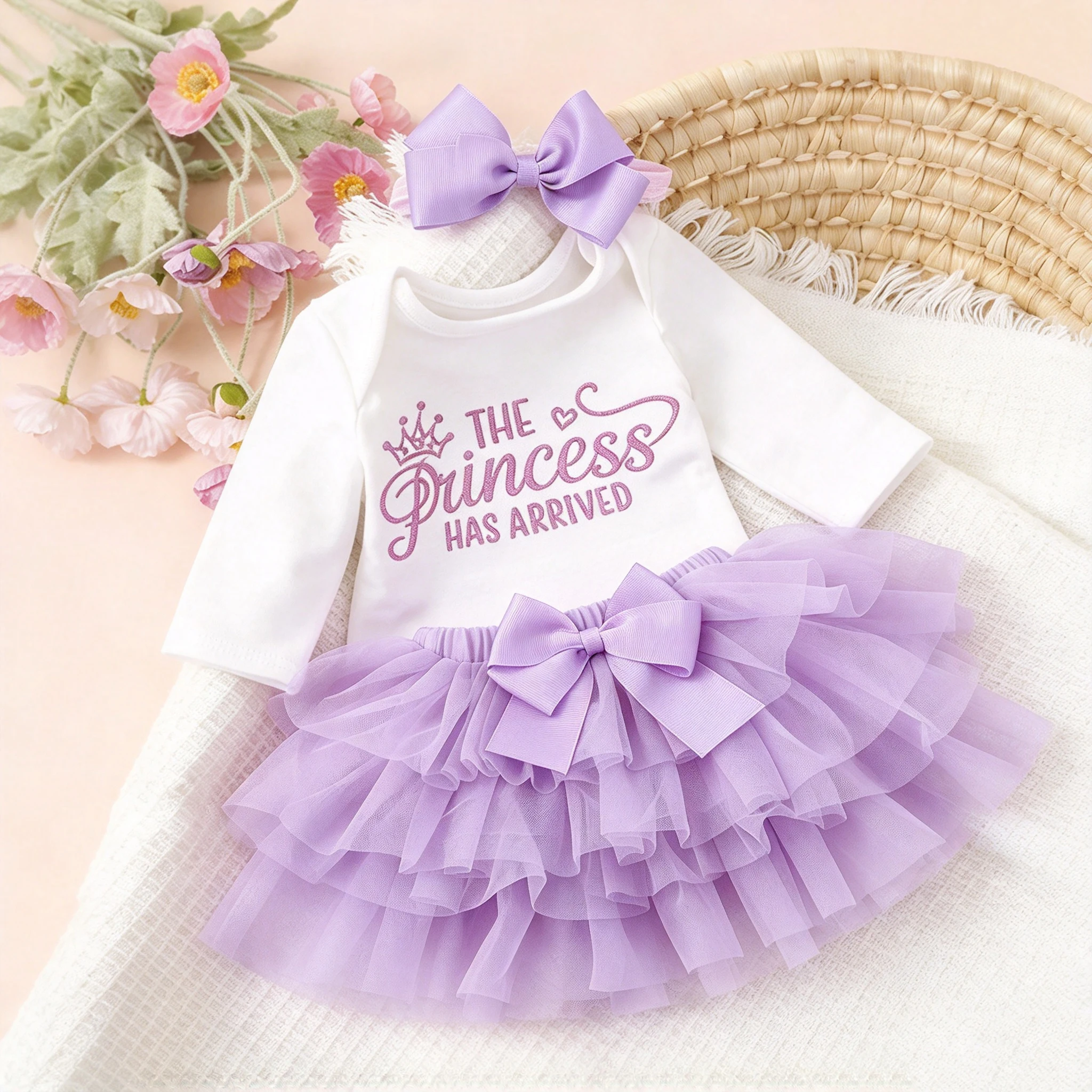 Ylsteed Summer Newborn Photography Outfit Sets Infant Baby Girls Letter Print Romper Pink Tulle Skirt Headband Photo Props-HD