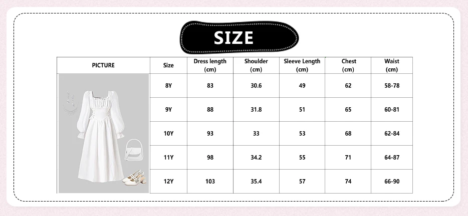 2025 Autumn New Princess Dress Solid Color White Square Collar Ruffled Long Sleeve A-Line Dress For Girls 8-12 Years Party Set