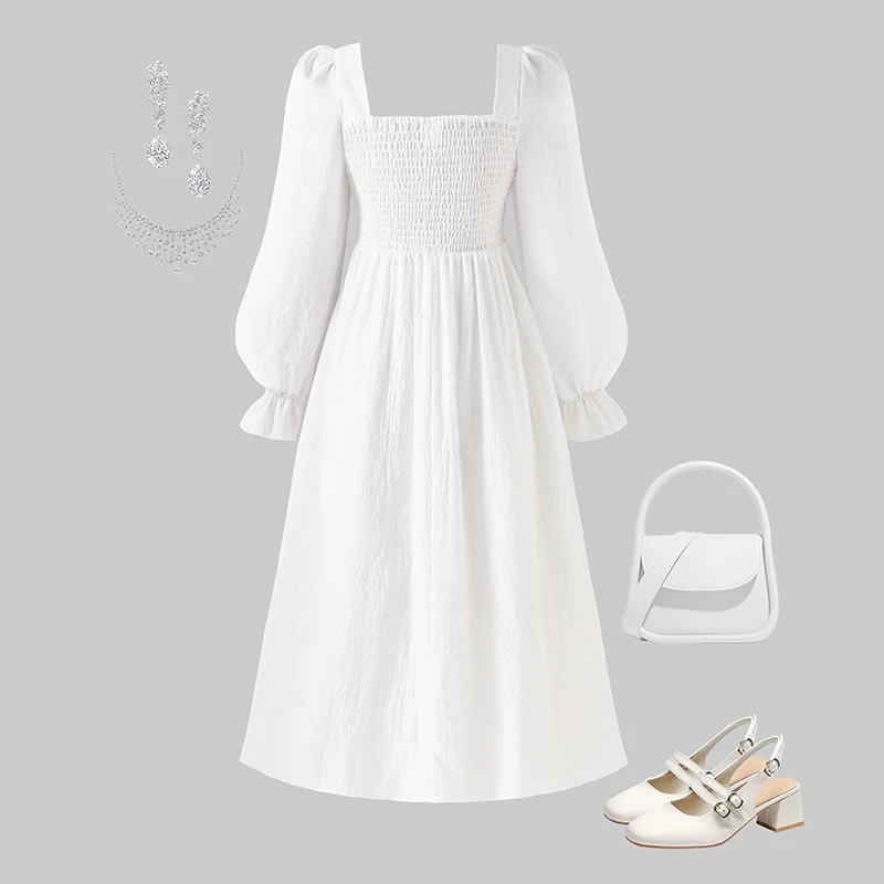 2025 Autumn New Princess Dress Solid Color White Square Collar Ruffled Long Sleeve A-Line Dress For Girls 8-12 Years Party Set