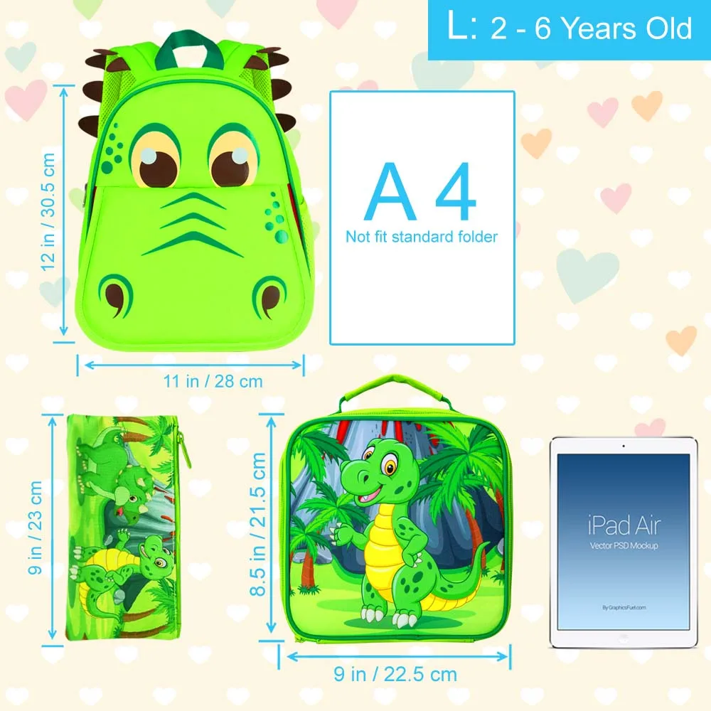3PCS Toddler Backpack and Lunch Box for Boys, 12" Dinosaur Preschool Kids Bookbag, Cute Animal Kindergarten Schoolbag