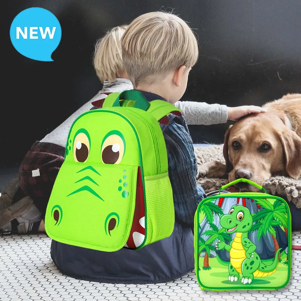 3PCS Toddler Backpack and Lunch Box for Boys, 12" Dinosaur Preschool Kids Bookbag, Cute Animal Kindergarten Schoolbag