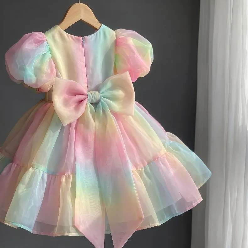 2026 Summer Girls Puff Sleeve Mesh Princess Dresses Sweety Bow Kids Wedding Clothing 1-10years Old Baby Girls Birthday Party Dre